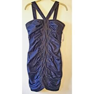 Jessica McClintock Sheath Dress Rouched Stiched Deep Blue Sz 10 Y2K Body Con